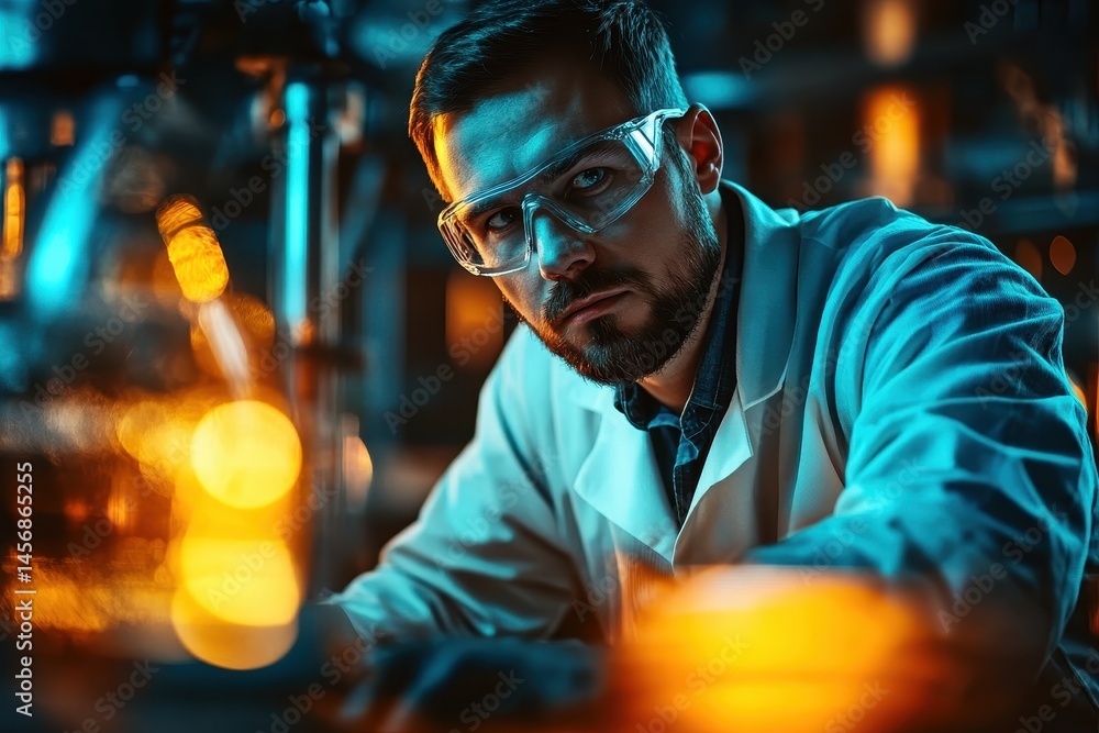 Focused Scientist in Lab with Glassware and Warm Lighting Focused Scientist in Lab with Glassware and Warm Lighting