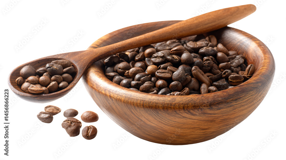 Fototapeta premium a wooden bowl filled with coffee beans and a wooden spoon