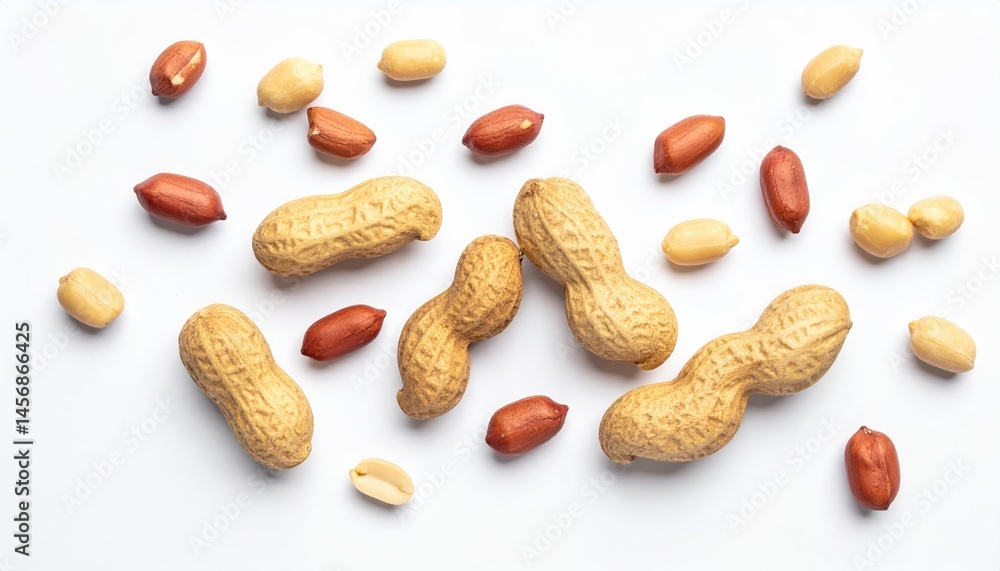 Scattered Peanuts in Shells on White Background Various Types of Peanuts Top View