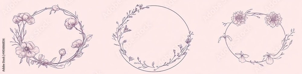 Floral Wreath Set with Flowers and Branches Outline Botanical Decoration Elements Floral Wreath Set with Flowers and Branches Outline Botanical Decoration Elements