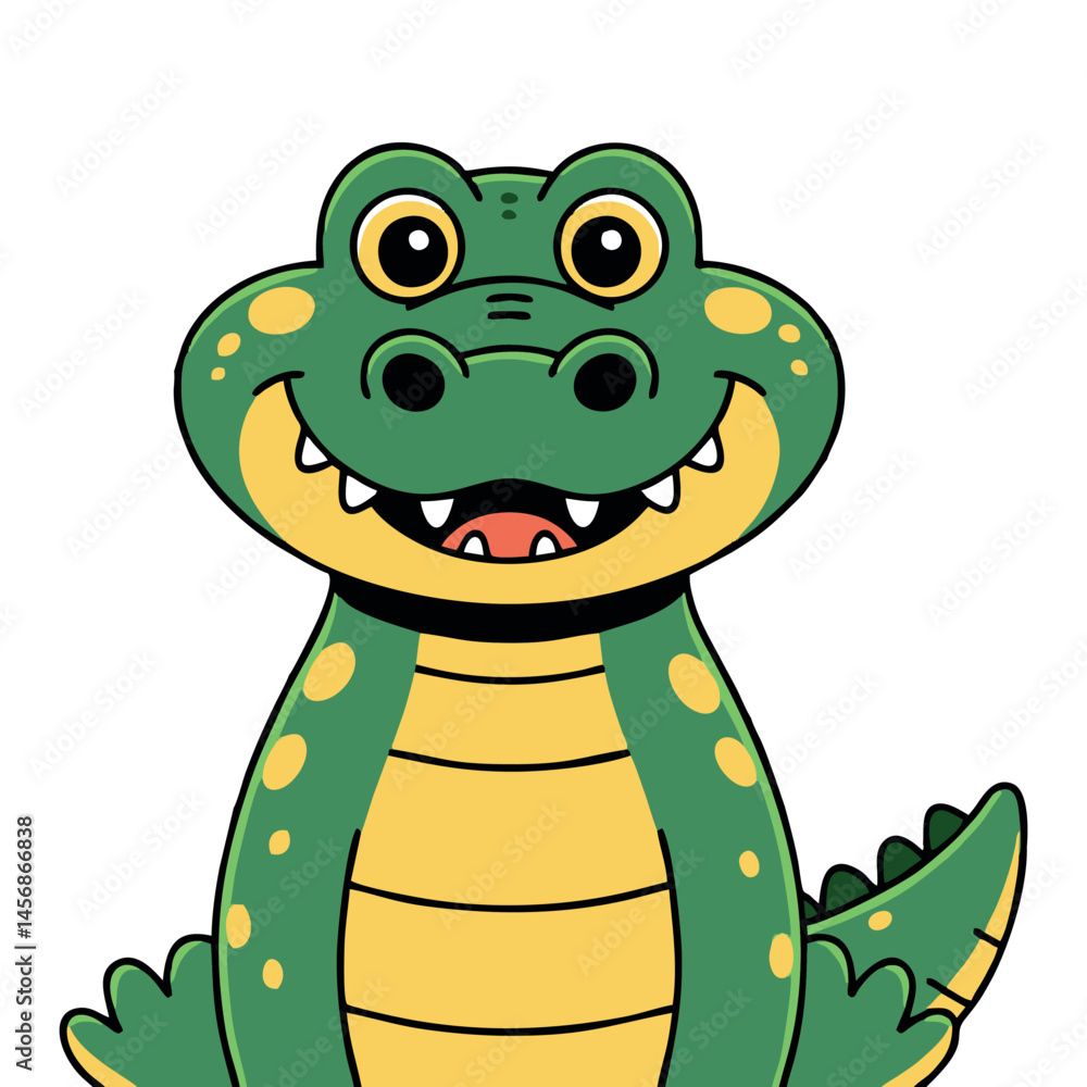 Fototapeta premium A cute cartoon crocodile sitting happily in a swamp surrounded by green plants.