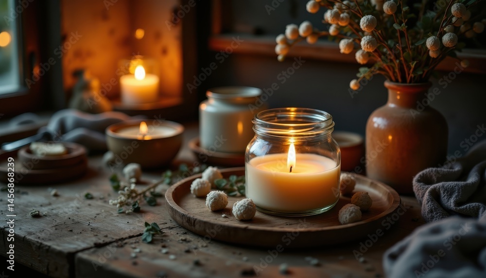 Cozy scene with a lit candle in a glass jar, dried flowers, and soft decor on a rustic wooden table, evoking warmth and relaxation. Cozy scene with a lit candle in a glass jar, dried flowers, and soft decor on a rustic wooden table, evoking warmth and relaxation.