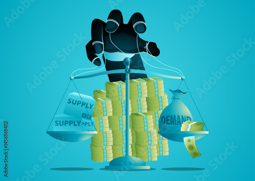 Economic manipulation concept, supply and demand balance controlled by hidden hand