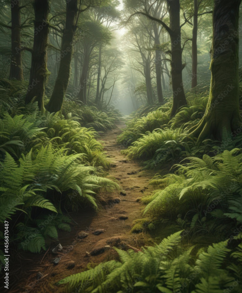 Lush green ferns and moss carpet the forest floor, sunlight dappled , macro, ecology, stock photo Lush green ferns and moss carpet the forest floor, sunlight dappled , macro, ecology, stock photo