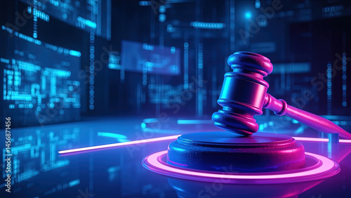Futuristic digital law concept with judge's gavel with neon blue and purple lighting– cybersecurity law, legal technology, blockchain regulation, and AI Governance