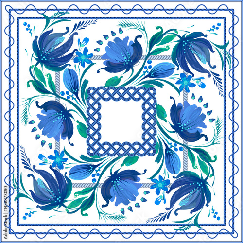Scarf floral vector pattern from flowers and blue frames on a white background