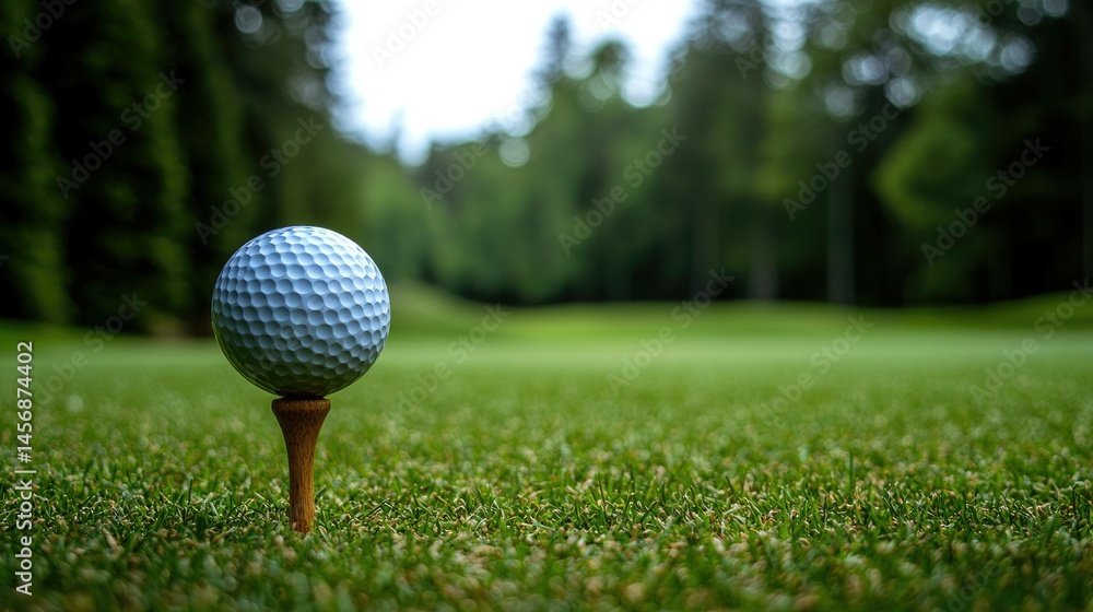 Golf ball on tee in golf course background Golf ball on tee in golf course background