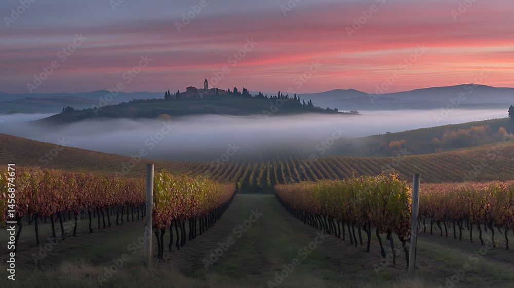 Obraz premium Soft morning light shines on a peaceful vineyard in Tuscany, with gentle hills in the background.