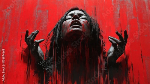 Distressed female figure in agony, blood-streaked