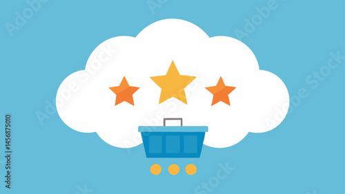 Cloud of Reviews A fluffy cloud filled with various star ratings raining down onto a shopping cart illustrating how overwhelming the influx of reviews can lead to poor