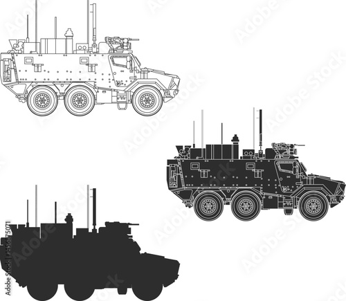 Set of Griffon armored personnel carrier icons line, silhouette and black color isolation, French armored infantry vehicle.