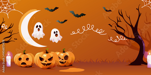 a whimsical Halloween night scene with a glowing crescent moon