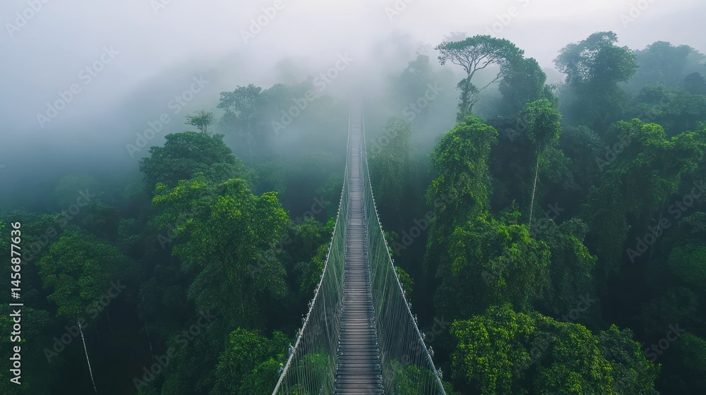 Obraz premium Misty jungle suspension bridge amidst lush greenery.