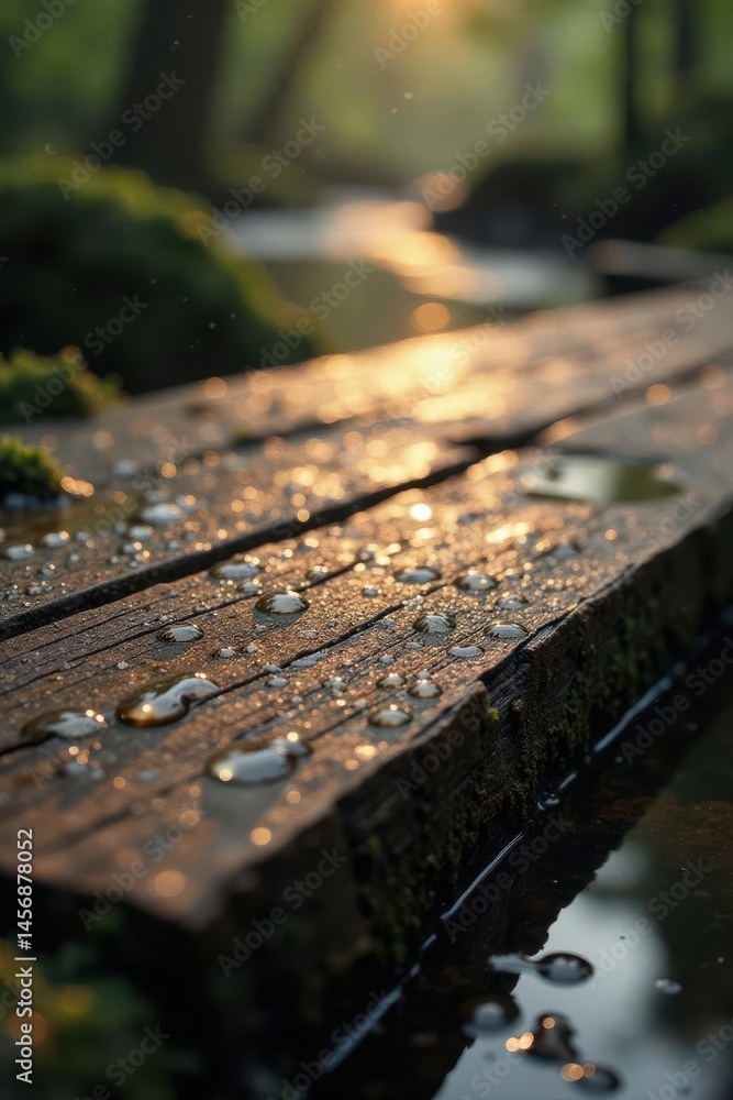 Golden Hour Dewdrops on Rustic Wooden Plank Near Tranquil Water Golden Hour Dewdrops on Rustic Wooden Plank Near Tranquil Water