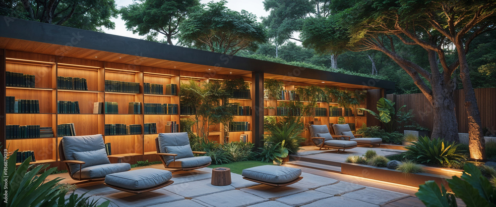 Fototapeta premium Outdoor library reading nook with comfortable armchairs and lush surrounding greenery