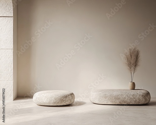 Neutral stone coffee table display in a minimalist interior.