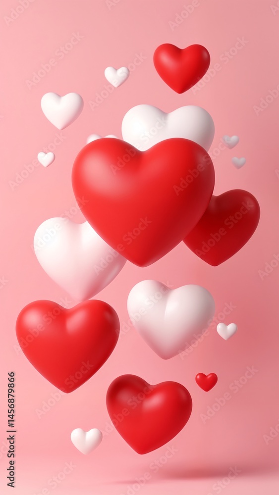 A bunch of red and white hearts floating in the air. A bunch of red and white hearts floating in the air.