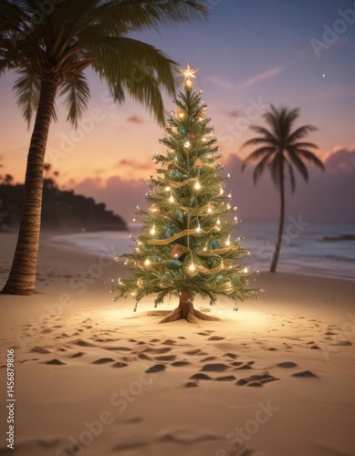 Wallpaper Mural Ornate Christmas tree, twinkling lights, on pristine tropical beach sand ,  joy,  seascape,  idyllic Torontodigital.ca