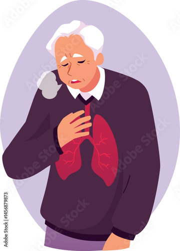 Vector illustration of an elderly man with difficulty breathing and diseased lungs.
