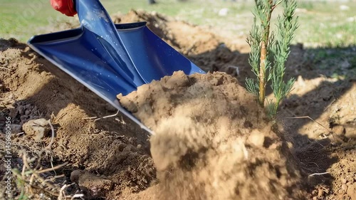 Wallpaper Mural Hand in red glove using blue shovel to dig soil around young plant. Dusty ground with sparse vegetation. Close-up of digging process near green sapling Torontodigital.ca