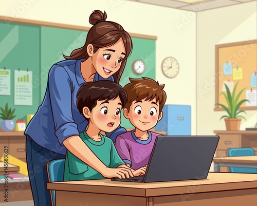 A teacher helps two students use a laptop in a bright, colorful classroom, fostering learning and engagement with technology.