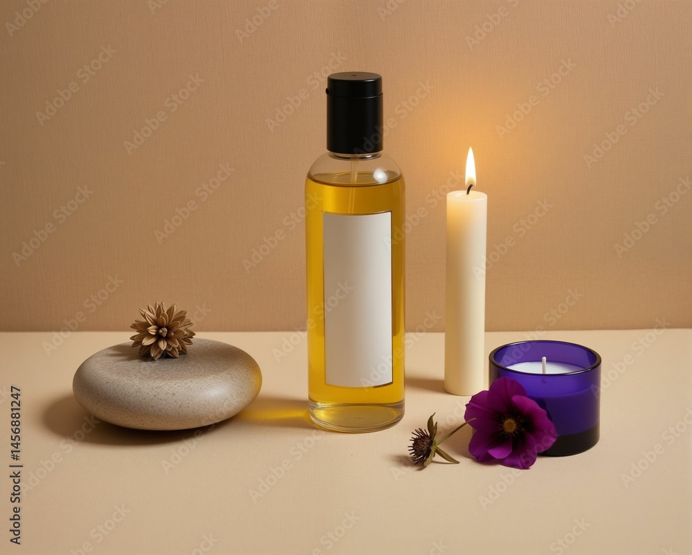 Aromatherapy setup with massage oil, candles, a smooth stone, and flowers arranged for a relaxing spa atmosphere. Aromatherapy setup with massage oil, candles, a smooth stone, and flowers arranged for a relaxing spa atmosphere.