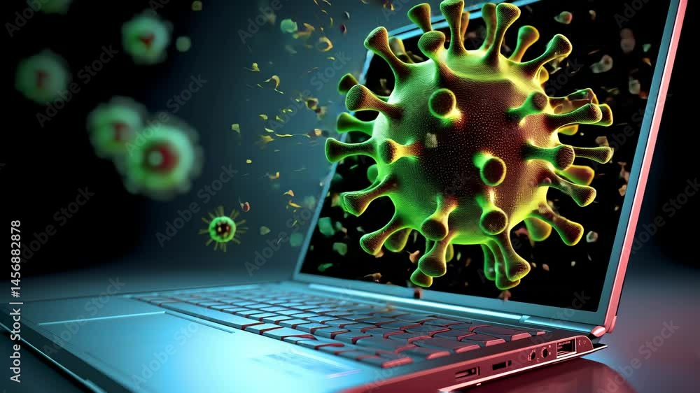 Microscopic virus model emerging from laptop screen, green-yellow ...