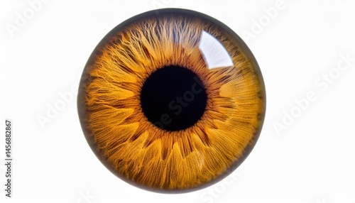 Extreme close-up of a hazel brown human eye showing detailed iris texture on a white background