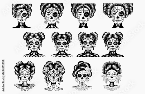 La Calavera Catrina. Collection of Day of the Dead sugar skull women with elaborate hairstyles perfect for Mexican cultural designs and Halloween marketing materials