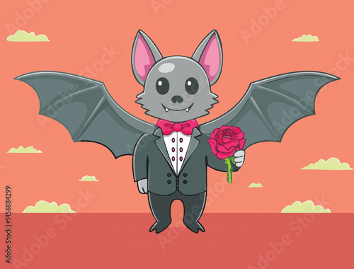 Cute cartoon vampire bat in a tuxedo holding a rose on a red background, with tiny wings and fangs, blending spooky and romantic vibes in a humorous, minimalist style.