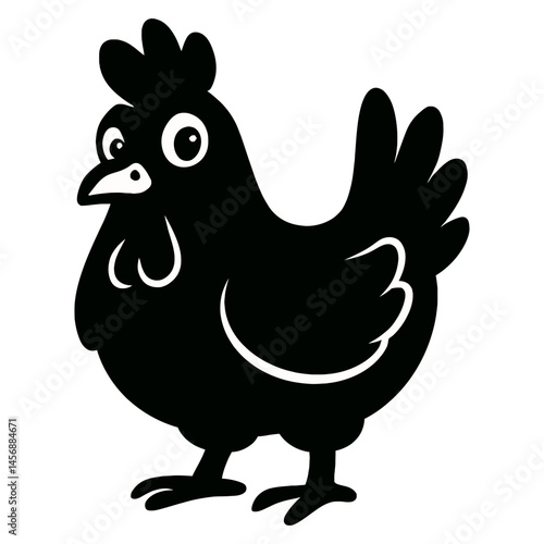 Cartoon chicken in bold black vector silhouette with cute expression