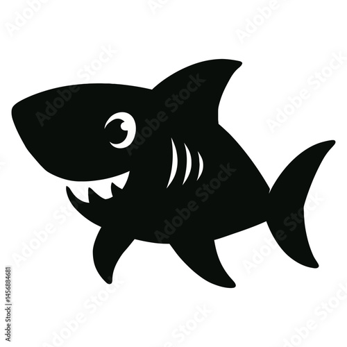 Cartoon shark in cute black vector silhouette style with toothy grin