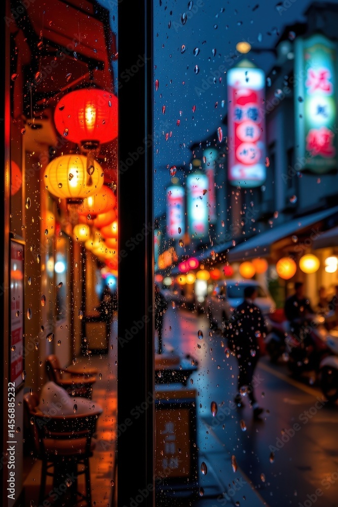 rain draped window with bokeh background, nighttime street scene featuring multicolored lanterns behind wet glazing, clear left side focus on subject, right side ample copy space rain draped window with bokeh background, nighttime street scene featuring multicolored lanterns behind wet glazing, clear left side focus on subject, right side ample copy space