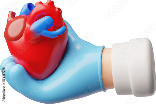3D vector of blue gloved hand, holding human heart.