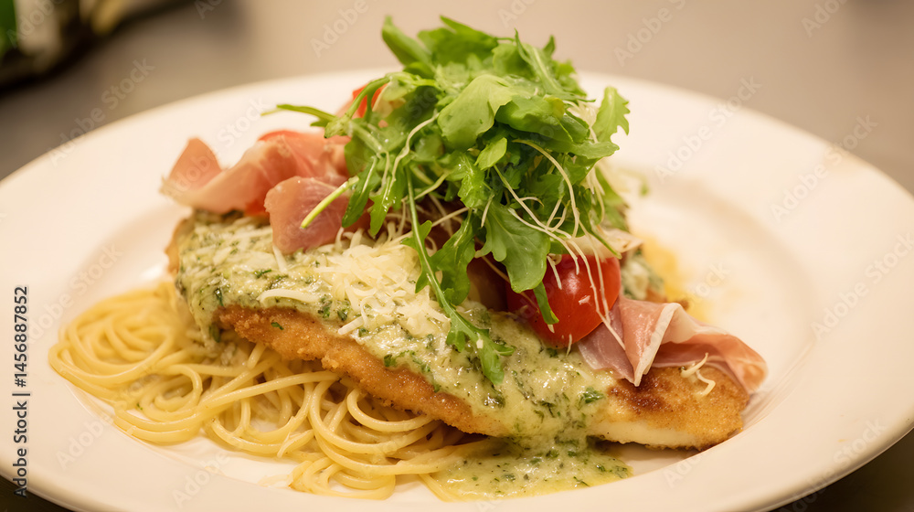 Lightly Breaded Chicken Breast Topped with Arugula, Tomatoes, and Ham on a Bed of Spaghetti with Sauce Lightly Breaded Chicken Breast Topped with Arugula, Tomatoes, and Ham on a Bed of Spaghetti with Sauce
