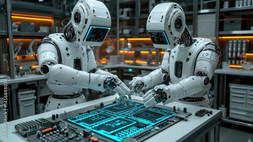 Robotic figure engaging in activity futuristic technology concept Robotic figure engaging in activity futuristic technology concept