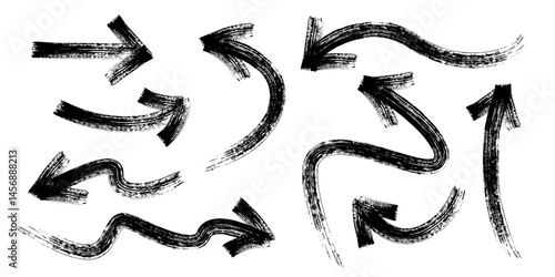 Set of hand drawn arrows with texture. Curvy, wavy arrows.