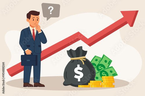 Confused businessman thinking where to invest money. Investment questions concept. Vector illustration.
