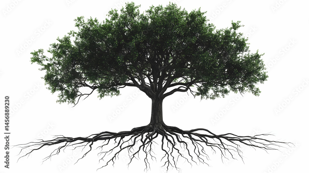 custom made wallpaper toronto digitalFull view of a large, healthy tree with extensive roots. Lush green crown, dark roots spread wide