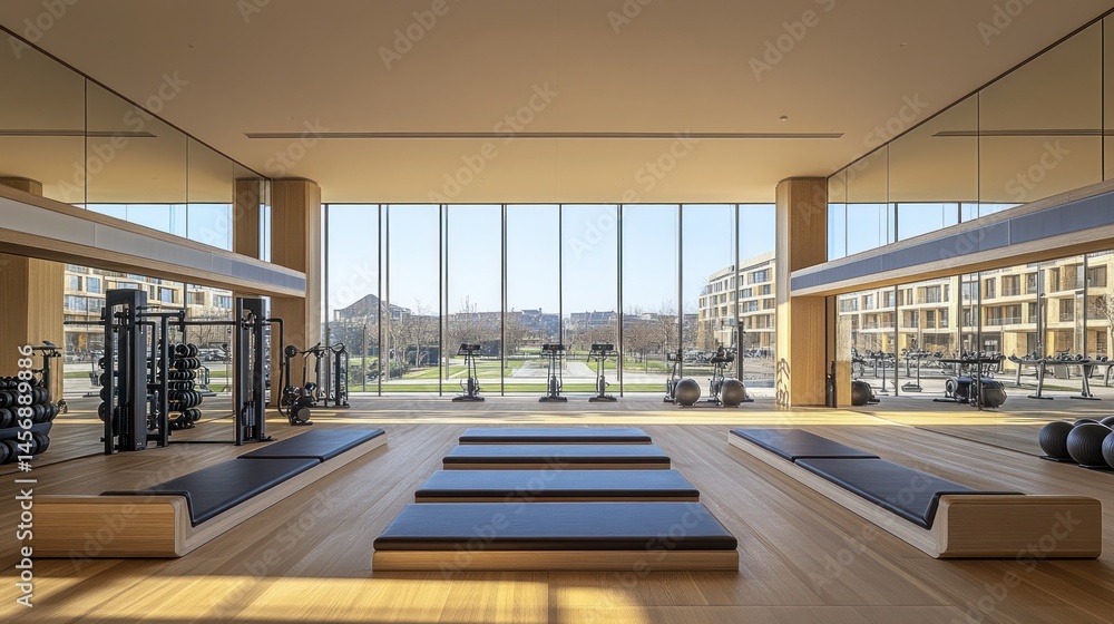 Modern gym with panoramic city views Modern gym with panoramic city views