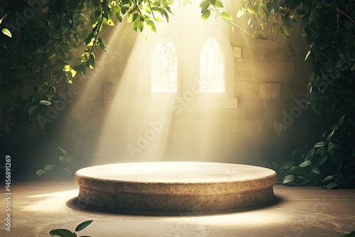 Ancient stone pedestal illuminated by sunlight streaming through foliage.