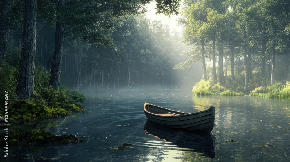 Peaceful morning on a tranquil lake, shrouded in a misty forest Peaceful morning on a tranquil lake, shrouded in a misty forest