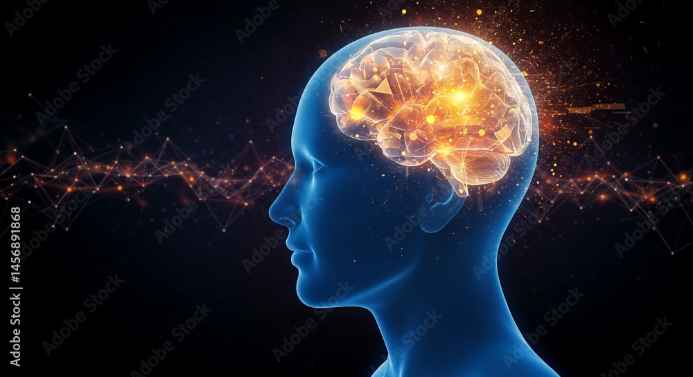 Obraz premium Translucent Blue Human Head Profile with Glowing Orange Brain and Radiating Lines on Black Background