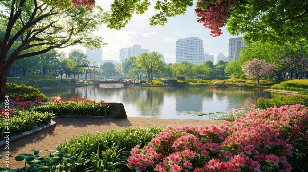 Obraz premium Peaceful park scene with pond and flowers