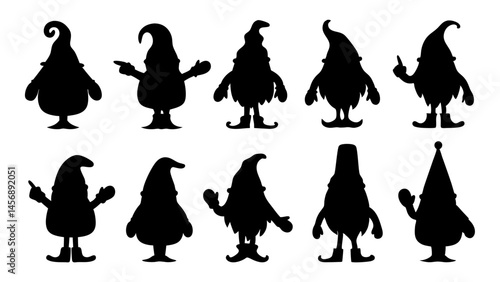 set of gnomes different poses silhouette vector on tranparent background