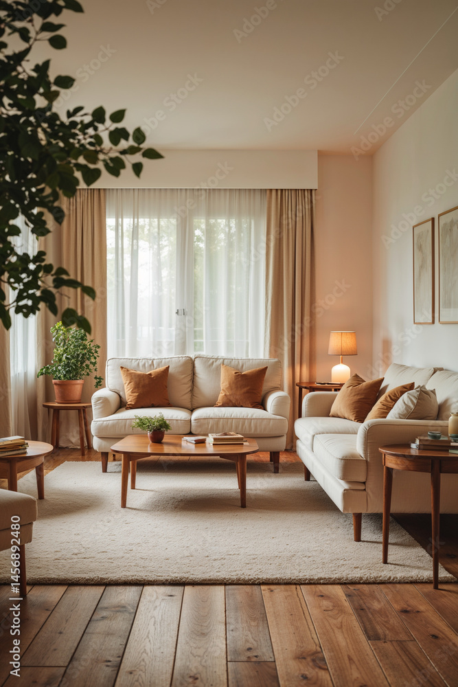 Modern living space with muted colors and house plants Modern living space with muted colors and house plants