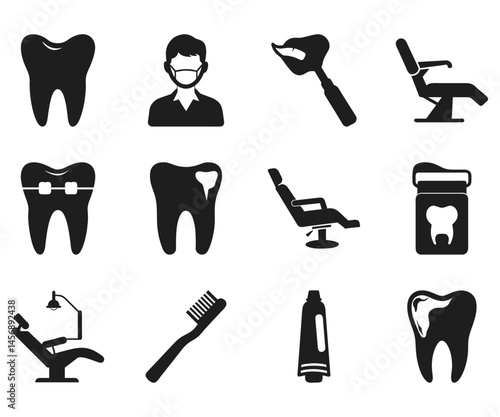 Dental related icons showcase tooth anatomy and dentist equipment