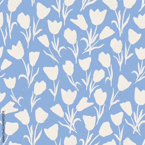 Dense ditsy Floral Seamless Vector Pattern White Tulip Shapes On Pastel Blue Backdrop, fabric print