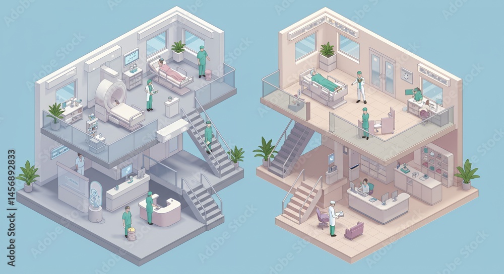 Fototapeta premium Isometric Pixel Art Depicts Hospital Interior with Doctors Nurses and Medical Equipment in Light Blue and Beige Colors