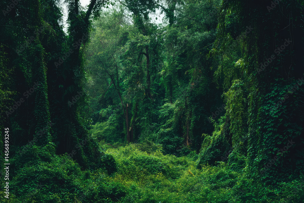 Obraz premium Lush greenery fills dense forest, creating serene and mysterious atmosphere with towering trees and thick foliage. vibrant shades of green evoke sense of tranquility and wonder
